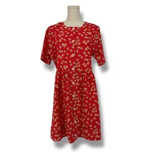 Vintage 1990s Blair Cottage Core Red Ditsy Daisy Print Shift Cotton Dress